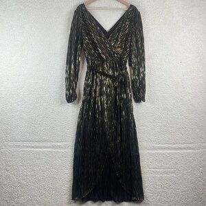 NWT GUESS Womens Black Metallic Striped Faux Wrap Tulip Hem Maxi Dress Size 6